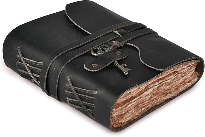 LEATHER VILLAGE Vintage Leather Journal – 200 Handmade Vintage Deckle Edge Paper – Leather bound Journal For Women Men – Vintage Key Closure - Book of Shadows - Black - 13X8 inch