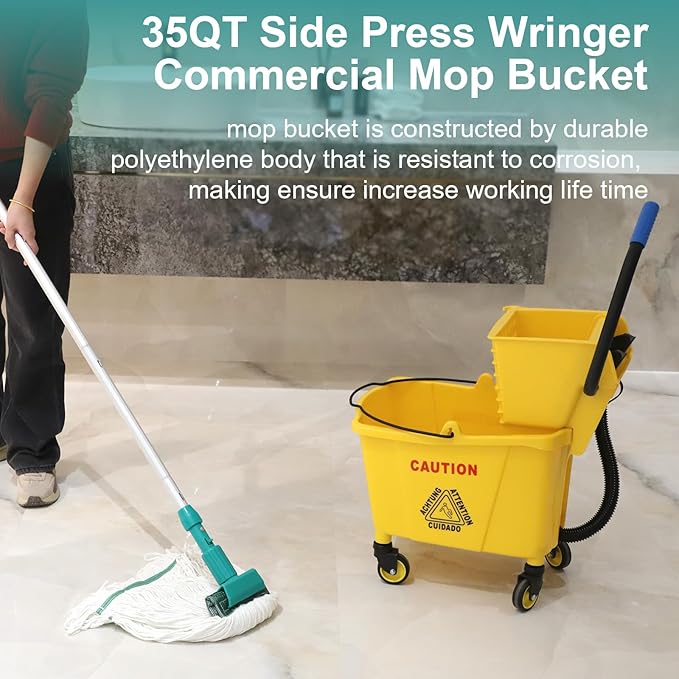 Wajeehaa Side Press Wringer Combo Commercial Mop Bucket on Wheels, 35 Quart,Yellow, Including Commercial Mop and Rubber Gloves