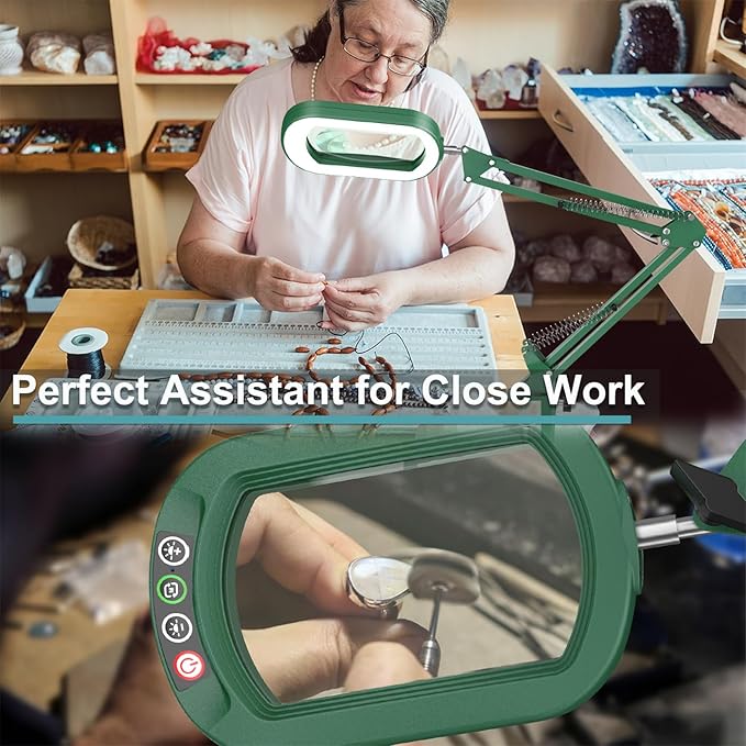 10X Rectangle Magnifying Glass with Light, 5 Color Modes Stepless Dimmable Magnifier with Stand, LED Lighted Clamp Desk Lamp with Swing Arm, Hands Free for Reading Painting Close Work - Green