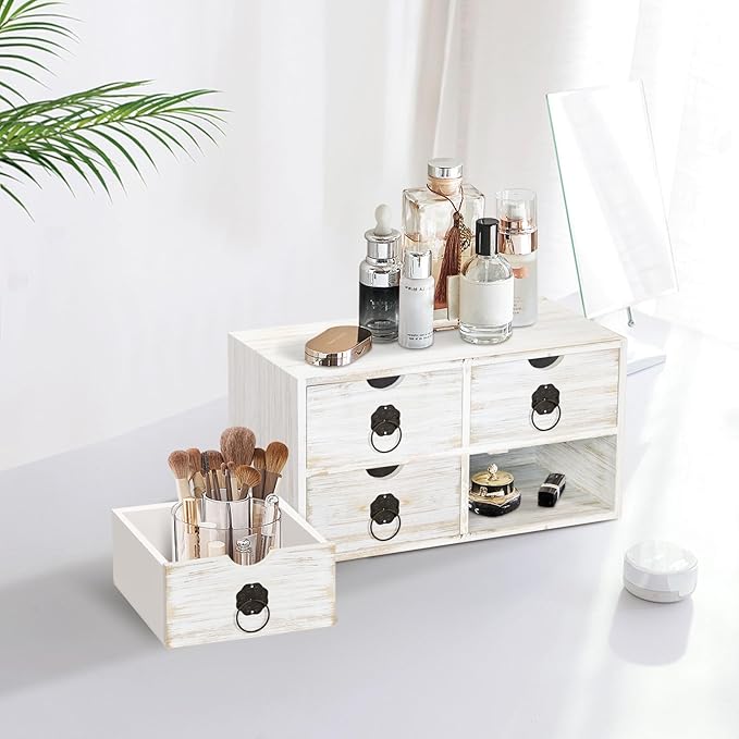 Wood Desk Organizer, White Wooden Desktop Organizer with Drawer, Tabletop Storage Organization Box for Countertop, Home Office Supplies, Bills (4 Drawer)
