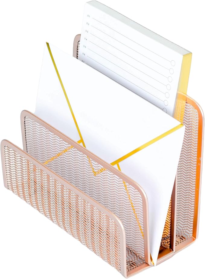Blu Monaco Rose Gold Metal Mesh Letter Sorter – 3-Slot Mail Organizer for Desk, Office & Home – Space-Saving Vertical Mail Holder for Envelopes, Documents & Files – Modern Desk Organizer