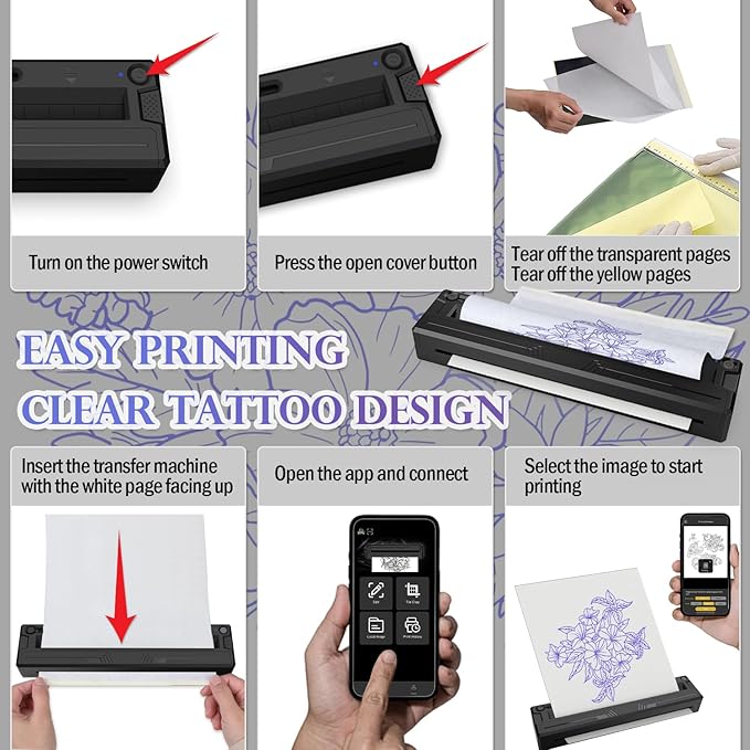 Wireless Tattoo Stencil Printer, Portable Bluetooth Thermal Tattoo Printer with App Custom-Size≤ A4, Print Realistic Portraits, 10 Transfer Papers Included, Works for Phone/Tablet/PC - Black