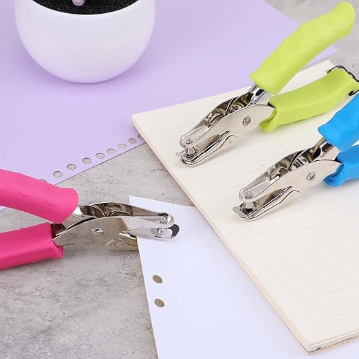 12 Pcs Single Hole Punch, 1/4" Handheld Hole Puncher with Soft Grip Handle, Small Single Circle Hole Paper Punch Shapes for Crafts Greeting Cards Scrapbook Notebook Tags Tickets (3 Colors)