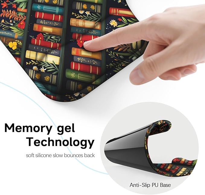 Ergonomic Mouse Pad with Gel Wrist Rest (1"& 1.2" Dual Height) - Mouse Pads Compact Mousepad Desk Mat Office, Gaming & Carpal Tunnel Relief | Non-Slip Rubber Base Vintage Bookshelf