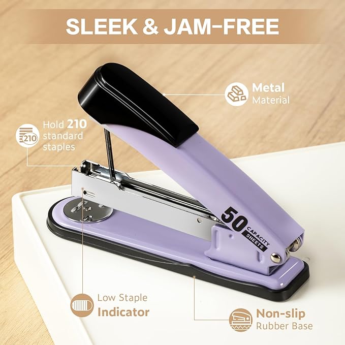 Deli Stapler Heavy Duty, Full Strip Staplers for Desk with 2000 Staples and Staple Remover, 50 Sheet Capacity, No Jam, Non-Slip Office Stapler with Staples for Office, Classroom, Purple