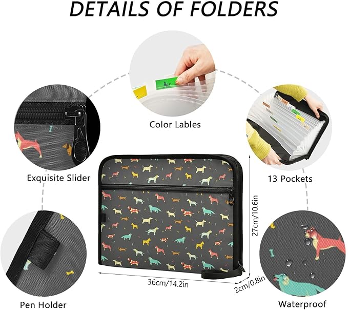 Gredecor 13 Pockets File Folder Organizer A4/Letter Water Resistant Dachshund Dog Black Document Bag with Zipper Filing Folder Expanding File Pouch Storage for School Office