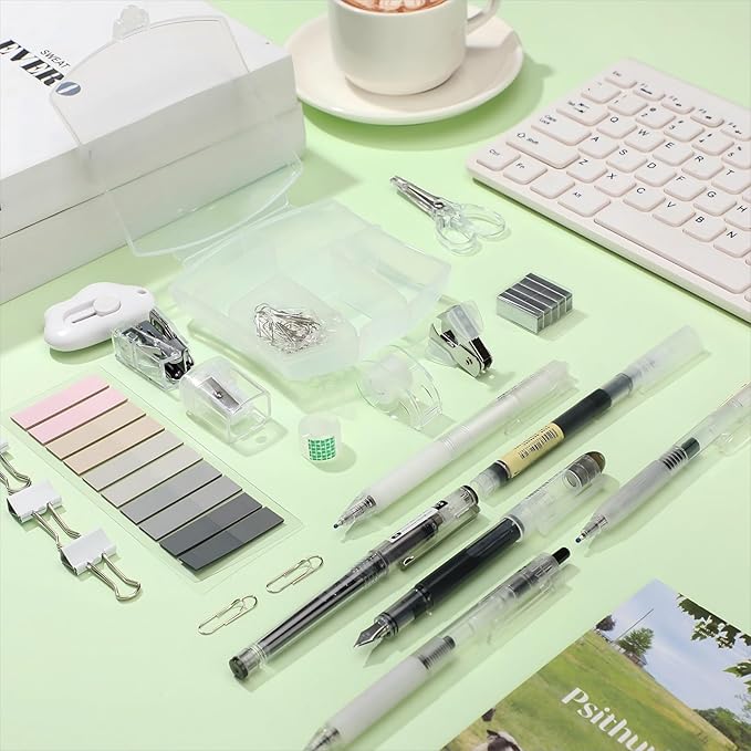 Colarr Mini Office Supply Kit Includes Stapler Tape Dispenser Staple Remover Paper Clips Scissor Staples Pen Sharpener Note Small Telescopic Knife for Office and School Clerk Student (Clear)