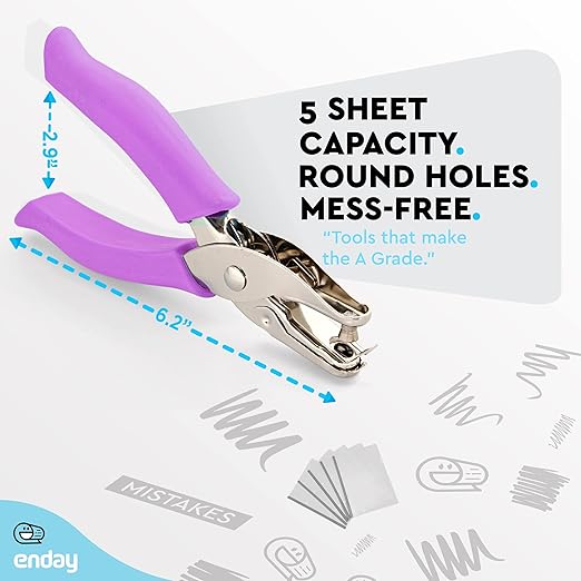 Single Hole Punch Metal Purple, 1/4” Hole Puncher with Soft Grip Handles for Paper and Crafts Round Circle Shape, for Kids and Adults, Also Available in Green, Pink, Red, Blue, Grey, 1 Pc – by Enday