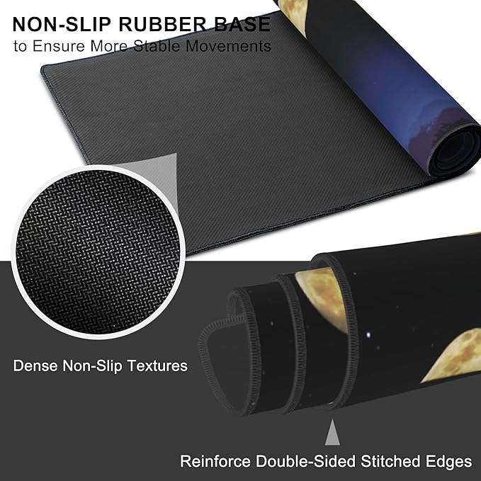 Mouse Pad, Large Moon Phase and Forest Desk Mat, Extended Non-Slip Gaming Keyboard Mousepad Desk Pad, Thick Stitched Edges Waterproof Mouse Mat 31.5"x15.7" (Moon Phase Changes)