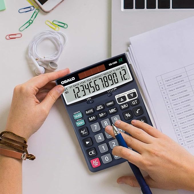OSALO 12 Digits Desktop Calculator Extra Large LCD Display with VAT Tax Big Button, Dual Solar Power and Battery, Basic Calculator for Office, Home, School (DJ-120D Deep Blue)