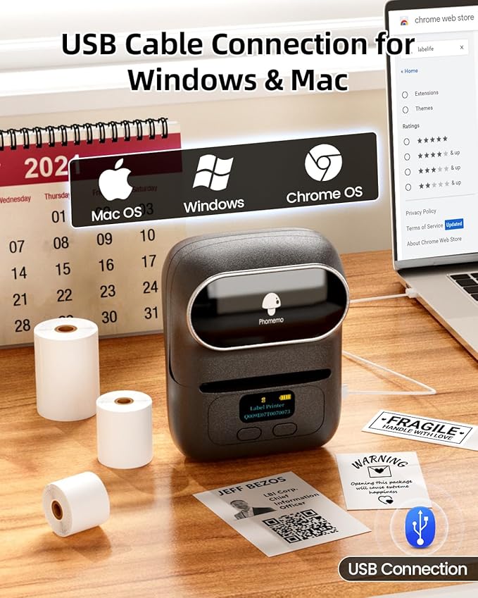 Phomemo M110 Label Makers- with 3 Rolls Labels, Barcode Label Printer Thermal Bluetooth Portable Printer for Small Business, Address, Logo, Clothing, Mailing, Sticker Printers for Phone & PC, Gray