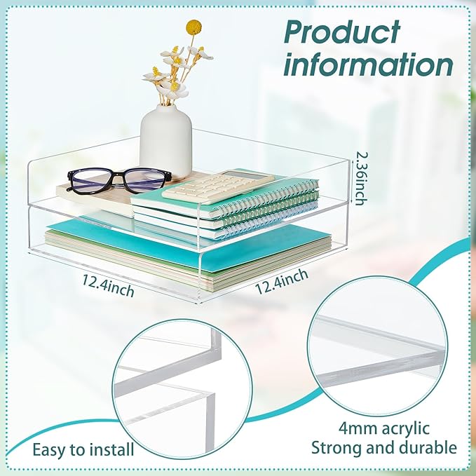 Yulejo 2 Pcs 12.4 x 12.4 x 2.36" Acrylic Desk Organizers Accessories Paper Storage Tier File Office Organizer Tray Stackable Document Clear Desk Accessories for Office Workspace Organization