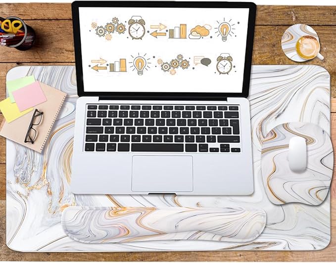 Keyboard Wrist Rest Large Mouse Pad Wrist Support for Computer, 4 in 1 Memory Foam Keyboard Pad Desk Mat Ergonomic Hand Rest Wrist Cushion for Home Office Gaming-White Marble