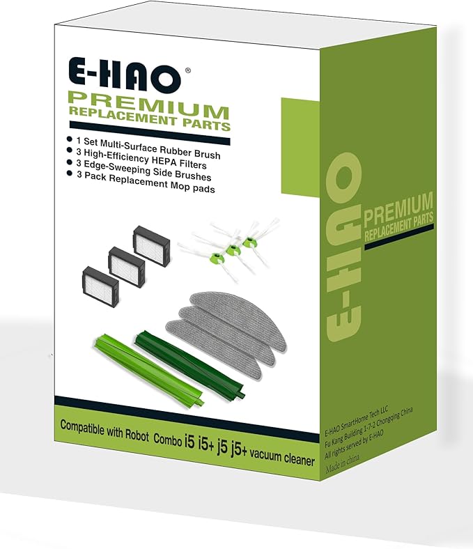 E-HAO Vacuum Replacement Parts for iRobot Roomba Combo i3, i3+, i5, i5+, i8, i8+, j5, j5+ models, 1 set Rubber Roller, 3 Reusable Mopping Pads, 3 HEPA Filters and 3 Edge-Sweeping Brushes