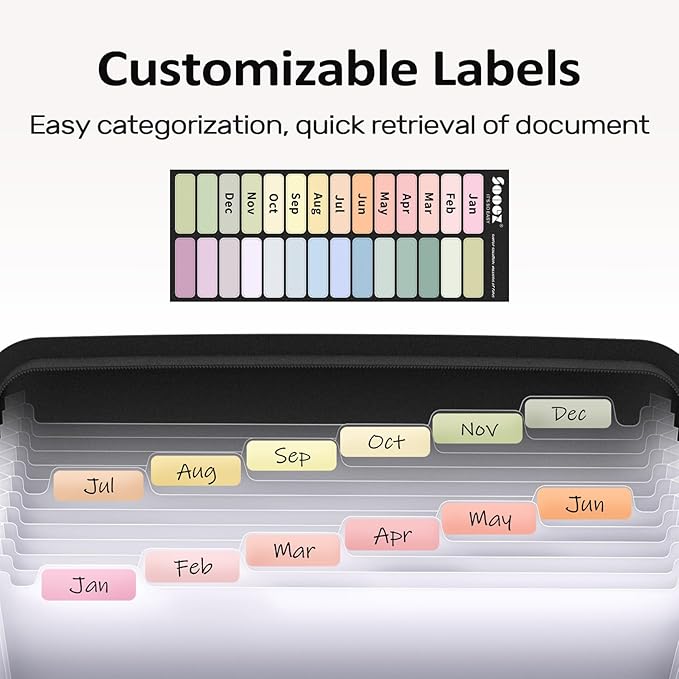 Sooez 13 Pocket Accordion File Organizer, Zipper Expanding File Folder Organizer, Reinforced Plastic Accordion Folder, A4 Letter Size, Portable Folders for Documents, Black