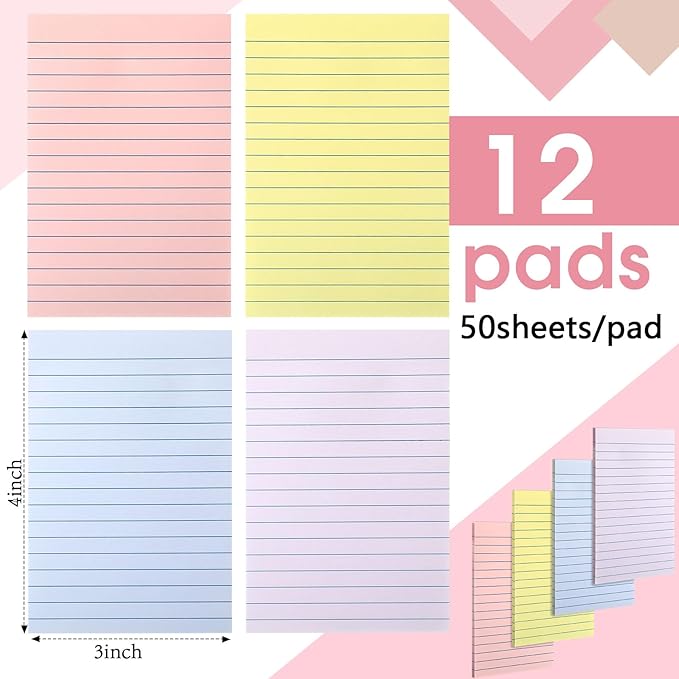 12 Pads Pastel Color Boho Sticky Notes 4x6 with Line, Lined Self Stick Notes Pads Boho Office Supplies, Vintage Aesthetic School Accessories 50 Sheets/pad