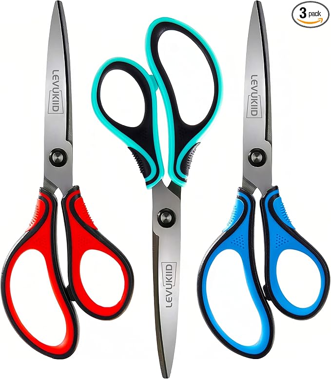 Office Scissors All Purpose - Comfort Grip Handle,Sharp X Blade,8-Inch Scissors for Ages 12+,pointed tip, Three Color Handles, Craft Cutting Tool
