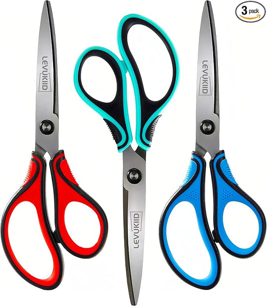 Office Scissors All Purpose - Comfort Grip Handle,Sharp X Blade,8-Inch Scissors for Ages 12+,pointed tip, Three Color Handles, Craft Cutting Tool