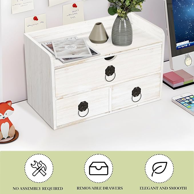 Wood Desk Organizer with Drawer, White Wooden Desktop Organizer, Tabletop Storage Organization Box for Countertop, Home Office Supplies (3 Drawer and Shelf)