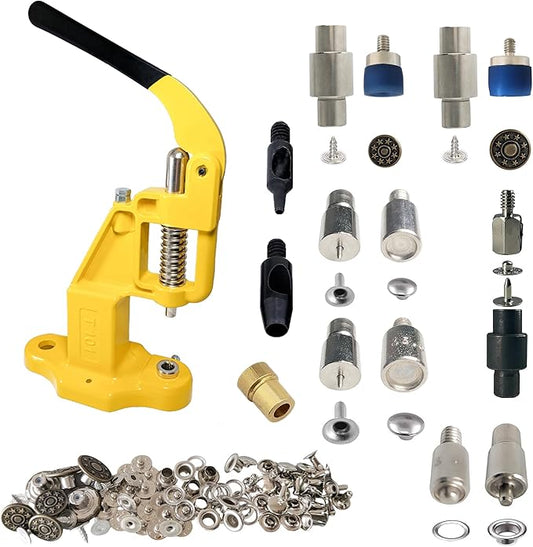 Hand Press with Brass 14 mm and 17 mm Jean Buttons Nipple Rivets 5mm (Nr3) Eyelets 7 and 9 mm Single Capped Rivets Matching Dies and Hole Punch (Yellow Press)