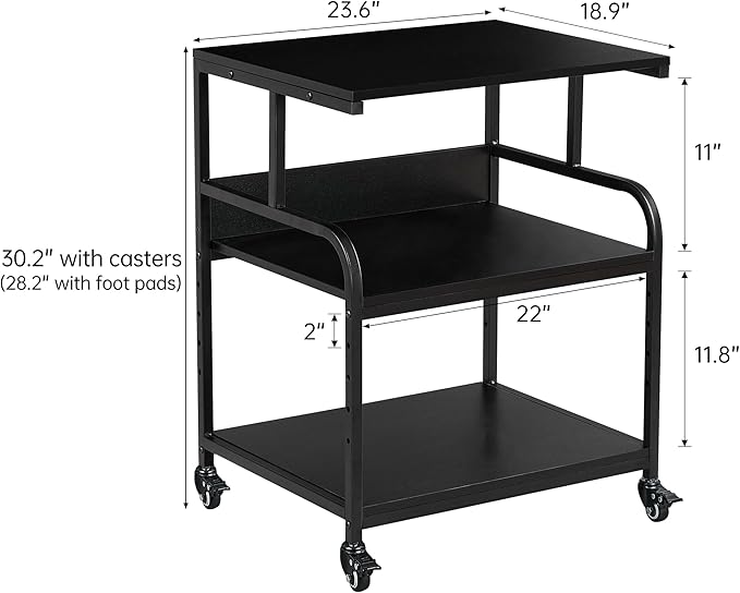 Printer Stand, 23.6 x18.9 x 30 Inches Large Printer Table with Adjustable Storage Shelf, 3 Tier Rolling Printer Cart with Wheels for Home Office, Stand for Heat Press Mini Fridge, Black