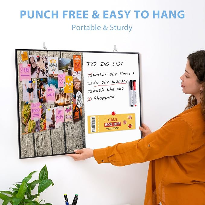 ARCOBIS Cork Board White Board Combo, 24"X18" Linen Bulletin Board Whiteboard for Wall, Double-Sided Magnetic Dry Erase Corkboard for Home, Office, School, Rustic Grey