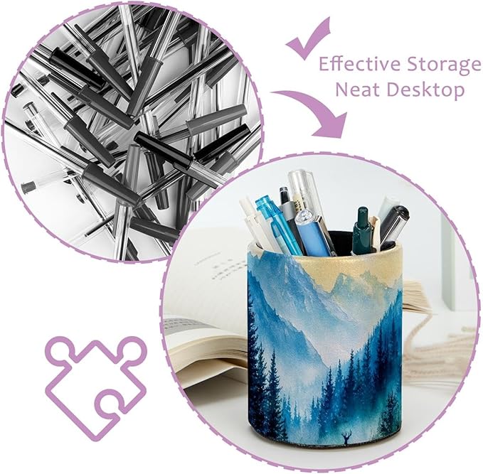 Watercolor Mountain Deer Circular Pen Holder, Pen Cup Makeup Brush Holder, Design for School, Home and Stationary Supplies (3.9 x 3.1 Inches)