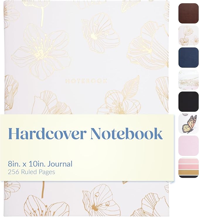 Eccolo Desk Size Hardcover Journal, 256 Lined Page Notebook with Gold Edge Paper, 8-x-10-inch, Gold Flower