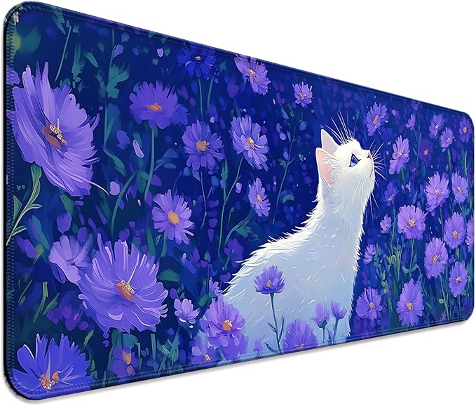 Cute White Cat and Purple Daisy Gaming Desk Mat, Computer Keyboard Large Extended Long Flower Mouse Pad for Office and Home, XL (W25)