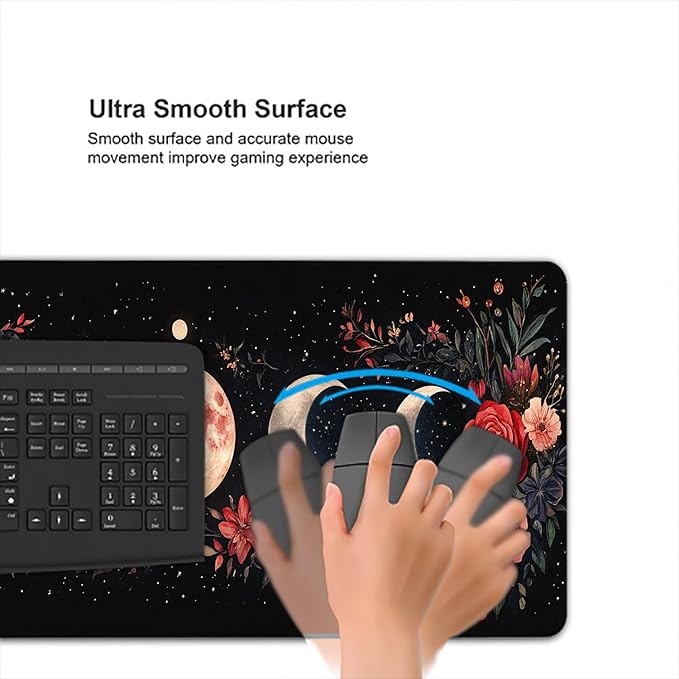 Moon Phase Desk Mat Gaming Mouse Pad - Watercolor Flowers Leaves Large Extended Mousepad for Laptop Keyboard - Office Computer Home Gaming Desk Pad 31.5"x11.8"