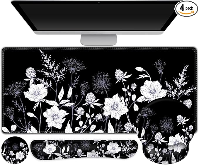 Gaming Mouse Pad, Large Desk Mat, Cute Desk Pad Protector, 4in1 XXL Mousepad + Keyboard Wrist Rest+Mouse Wrist Rest+Coaster Set with Ergonomic Desk Pad for Home Office PC Computer, Black White Flowers