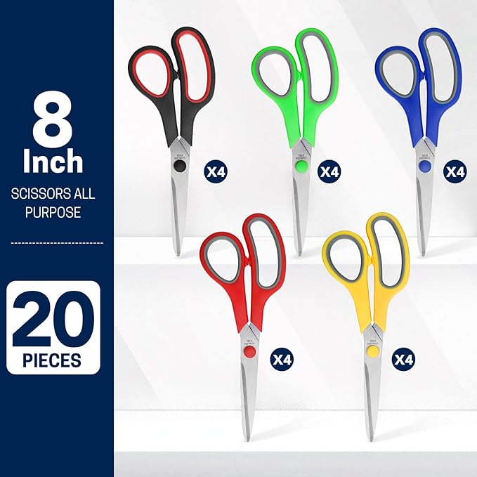 8" 20 Pack All Purpose Heavy Duty Scissors- Comfort-Grip Sharp Scissors for Office School Sewing Fabric Craft High/Middle School Student Teacher Scissor, Right/Left Hand