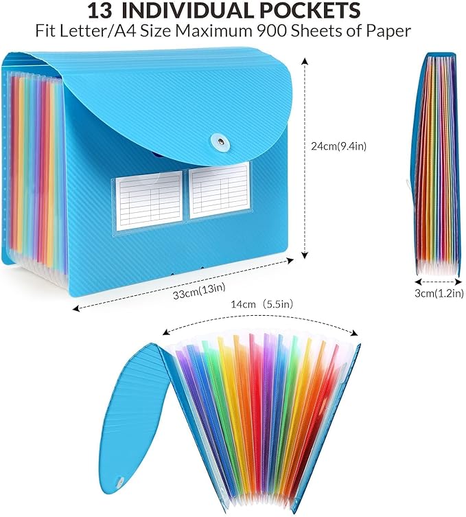 SKYDUE Accordion File Organizer, 13 Pocket File Folder Organizer with Tabs，Expanding Receipt & Paper Organizer for Letter A4 Size Blue