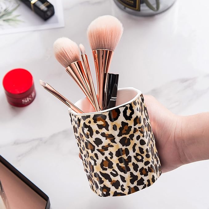 Jwest Pen Holder, Makeup Brush Holder Ceramic Shiny Gold Leopard Cheetah Pattern Animal Pencil Cup for Girls Women Durable Stand Desk Organizer Storage Gift for Office, Classroom, Home Light Brown