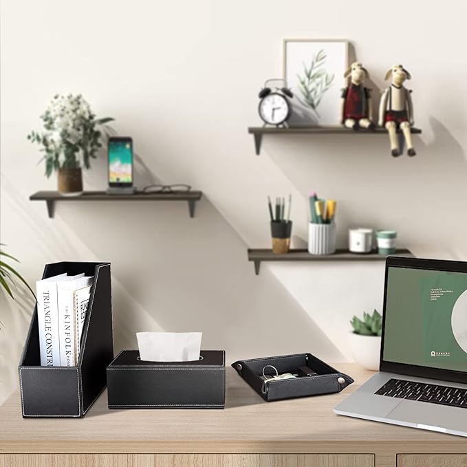 KINGFOM 5 PCS/SET Pu Leather Desk Organizer File Holder Accessories, Magazine Storage Rack+Desktop Pen&Pencil Holder+Tissue Box Cover+Leather Jewelry Accessories Tray