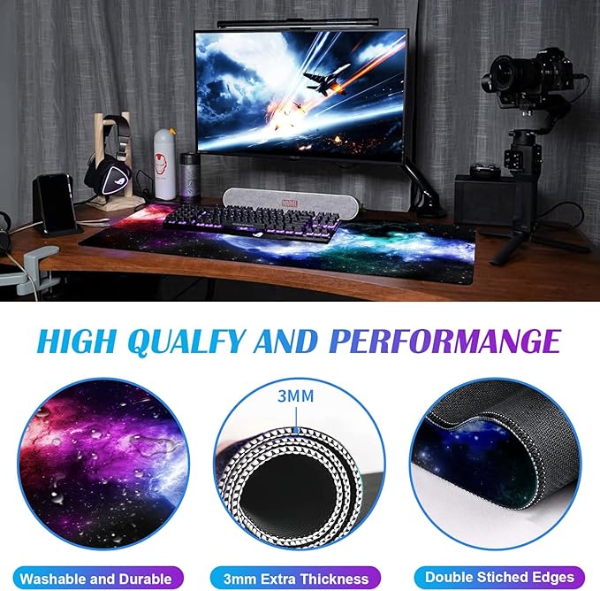 Large Extended Gaming Mouse Pad with Stitched Edges, Non-Slip Waterproof Rubber Base Mouse Pad for Office, Computer, Keyboard, Laptop and Home Desk Pad 35.4 x 15.7 x 0.12 Inch (Nebula Starry Sky)