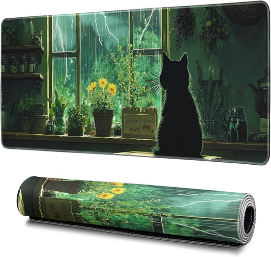 Green Black Cat Mouse Pad Abstract Green Mouse Pad 31.5x11.8 Inch Cat Texture Non-Slip Rubber Base Large Mousepad Stitched Edges Keyboard Mouse Mat Desk Pad for Office and Home