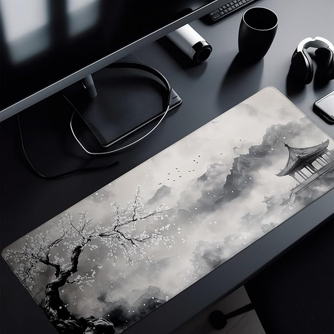 Watercolor Cherry Blossom Mouse Pad Abstract Black Mouse Pad 31.5x11.8 Inch Pagoda Texture Non-Slip Rubber Base Large Mousepad Stitched Edges Keyboard Mouse Mat Desk Pad for Office and Home