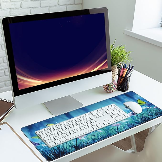 MIOAOSRT Desk Mat,Butterflies in Mystic Forest Large Gaming Mouse Pad with Stitched Edges,Non-Slip Computer Mouse Pad for Desk,Extended XXL Keyboard and Mouse Pad 35.4x15.75 in