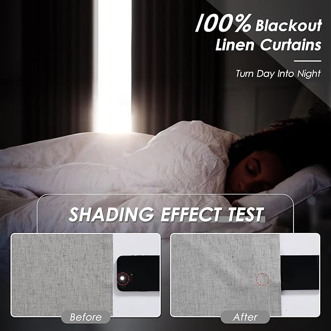 Charcoal Linen Blackout Curtains 120 Inch Length 2 Panels Set Burg Extra Long 10 Ft Back Tab Pocket Drapes Cotton Textured Total Sun Blocking Curtains for Living Room Cottage High Window 52x120