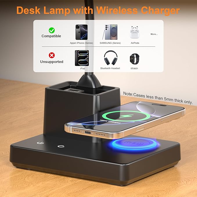 Sailstar Desk Lamp, Table Lamp with Wireless Charger & USB Port, 800LM CRI95 3 Color Modes Dimmable Touch 360°Gooseneck Pen Holder, LED Desk Lamps for Home Office, College Dorm Room, Adapter Included