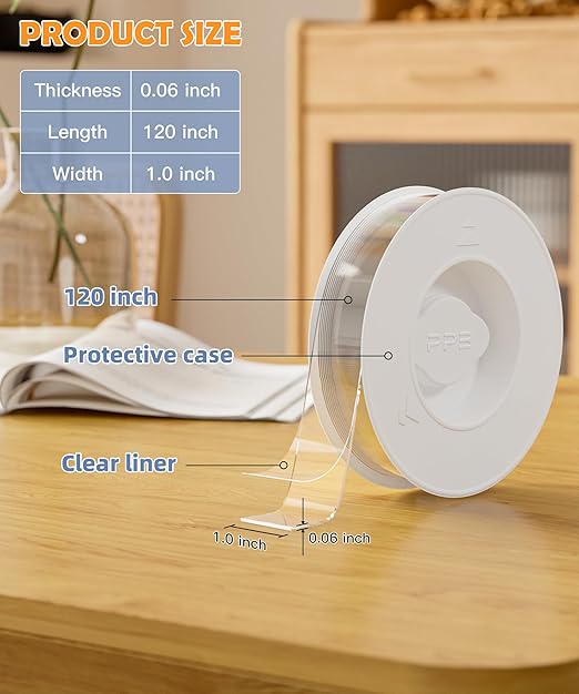 PPB Double Sided Adhesive Tape Heavy Duty, Removable Mounting Tape, Nano Tape, Clear Two Sided Wall Adhesive Strips for Home, Office, Car, Outdoor Use, 10FT