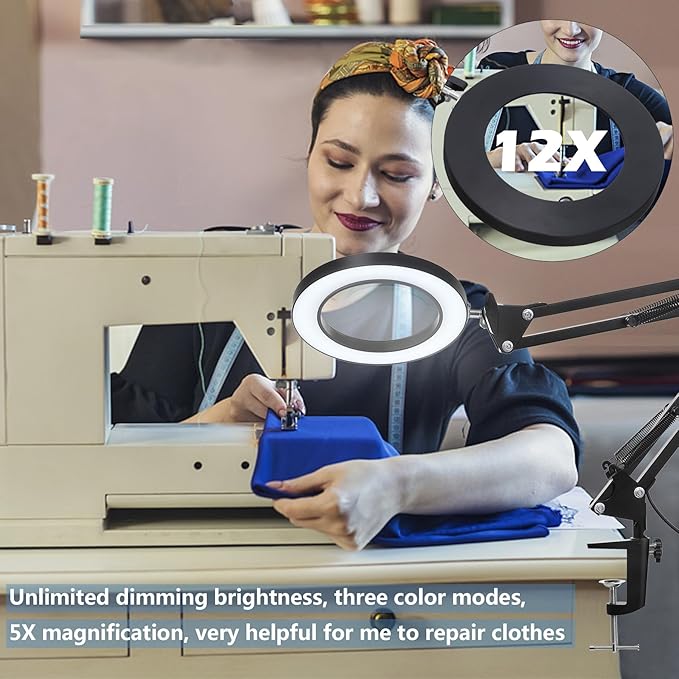 HITTI 【Upgraded 12X LED Magnifying Lamp, 1,800 Lumens Stepless Dimmable, 3 Color Modes, 8-Diopter 4.2″ Real Glass Lens Magnifier Desk lamp, Magnifying Light and Stand for Crafts Reading Close Work