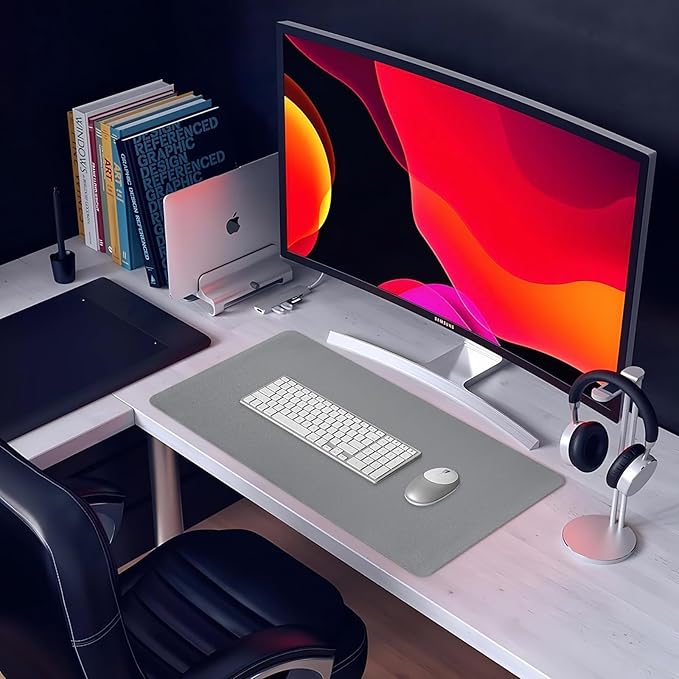 Dual-Sided Desk Pad, Large Mouse Pad, Natural Cork & PU Leather Non-Slip Waterproof Desk Mat for Office and Home (Gray, 31.5" x 15.7")