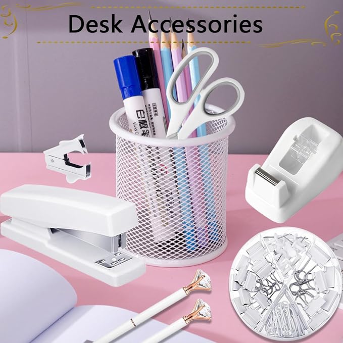 Office Supplies,Desk Accessories, Stapler and Tape Dispenser Set for Women with Stapler, Tape Dispenser, Staple Remover, Staples, Clips, Scissor and Tabs,Gift for Students, Coworkers