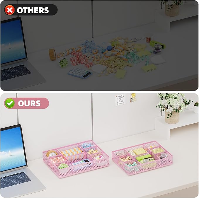 Marbrasse 2 Pack Desk Drawer Organizer, Mesh Drawer Organizer Tray with 8 Adjustable Compartments, Desk Organizers and Accessories, 5 Dividers Drawer for Office Supplies, Makeup & Vanity (Pink)