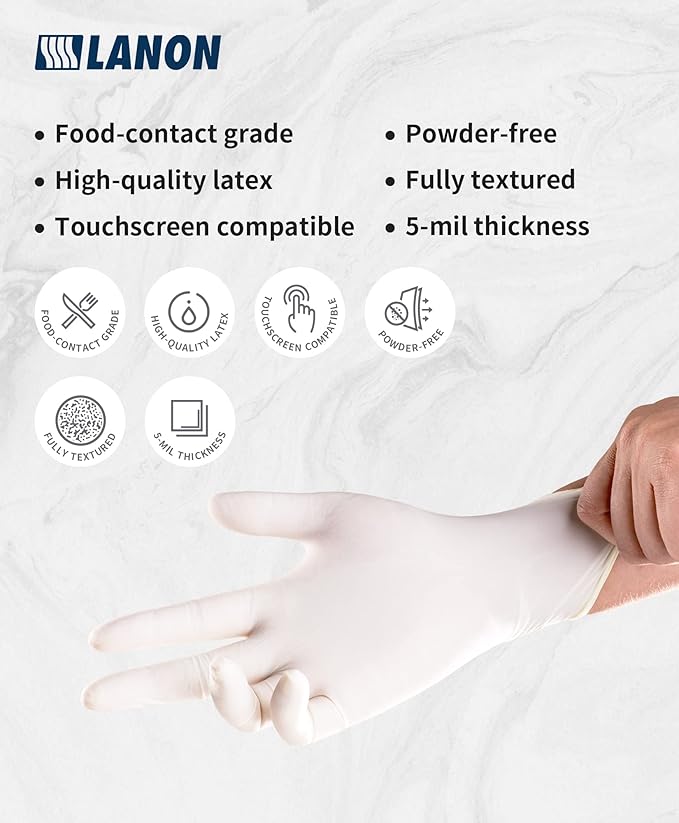 LANON 5 mil Latex Disposable Gloves, Food-Contact Grade, Powder-Free, Fully Textured, White, Large