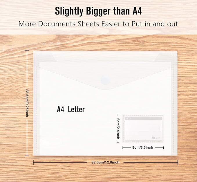 ABSOFINE 25 Pack Transparent Plastic Envelope Folders, A4 Letter Size, 100% Clear, Hook & Loop Closure, Label Pocket, Easy Storage