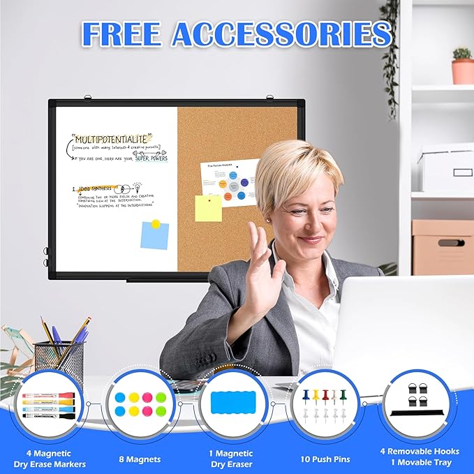 [24" x 18"] WALGLASS Dry Erase and Bulletin Boards Combo, Magnetic White Board Cork Board for Wall, Whiteboard & Corkboard Combination with Aluminum Frame, for Home, Classroom, Office