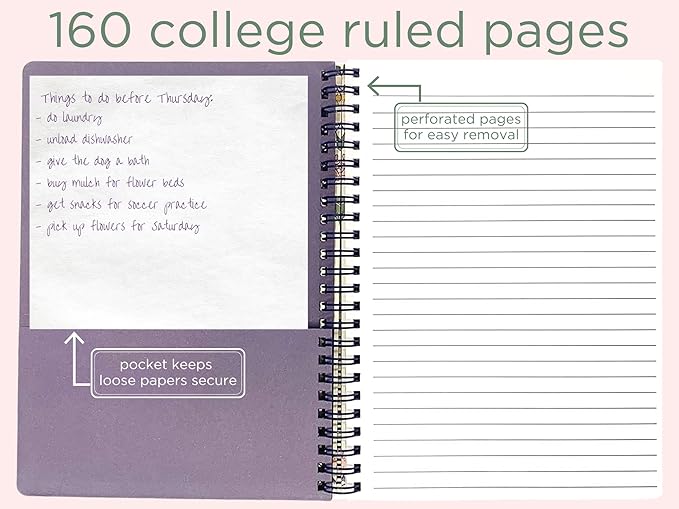 Steel Mill & Co Cute Floral Mini Spiral Notebook, 8.25" x 6.25" Journal with Durable Hardcover and 160 Lined Pages, Purple Vine Ditsy